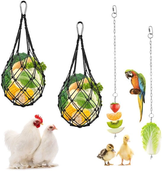Sistema alimentare per polli, contenitore alimentatore pendente, alimentatore frutta per polli, sacchi alimentatori per polli verdura, allevamento uccelli frutta, alimentatore verdura per polli (2 contenitori + 2 sacchi neri)