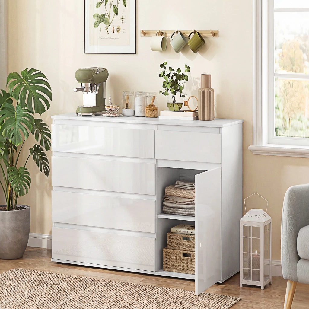 Sideboard con 5 cassetti e scaffale regolabile ¨C Minimal ¨C bianco lucido