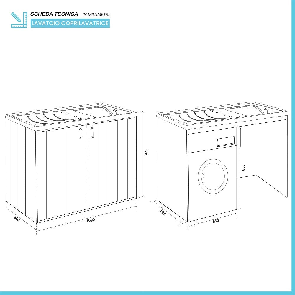 Mobile copri lavatrice 109x60 cm con lavatoio asse e kit di scarico