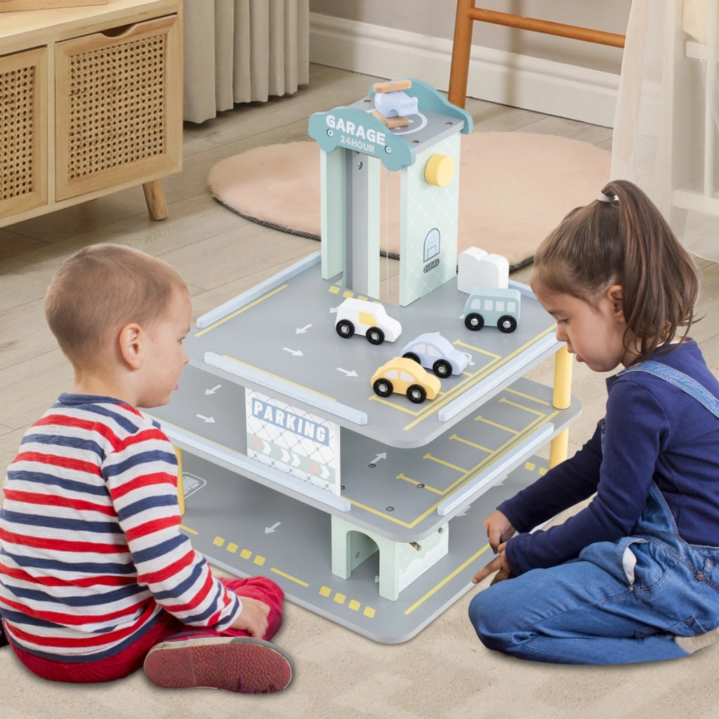 Set di gioco garage per parcheggio in legno a 3 strati con 4 auto elipista, Garage di giocattolo per 3+ anni Grigio-Case e cucine giocattoli