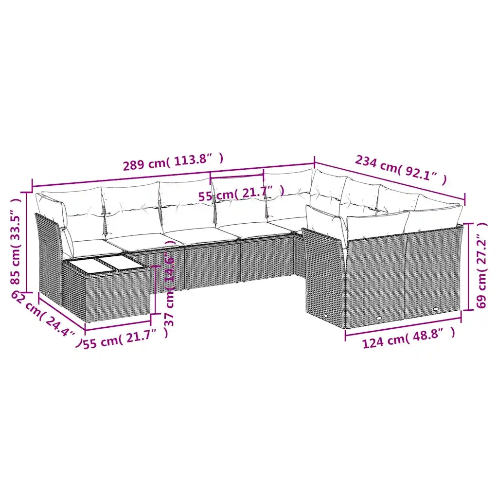 Set Divani da Giardino 10pz con Cuscini in Polyrattan Marrone 3250032