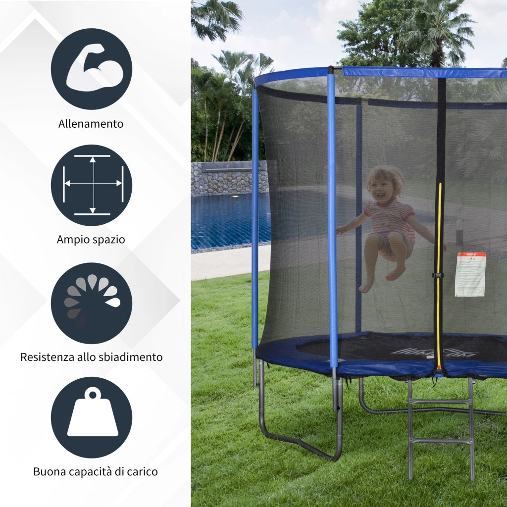 EasyComfort Trampolino Elastico da Esterno, Tappeto Elastico per Adulti da Giardino con Rete di Sicurezza e Bordo Imbottito, Giochi da Giardino e Casa, Ø244x240cm, Blu e Nero