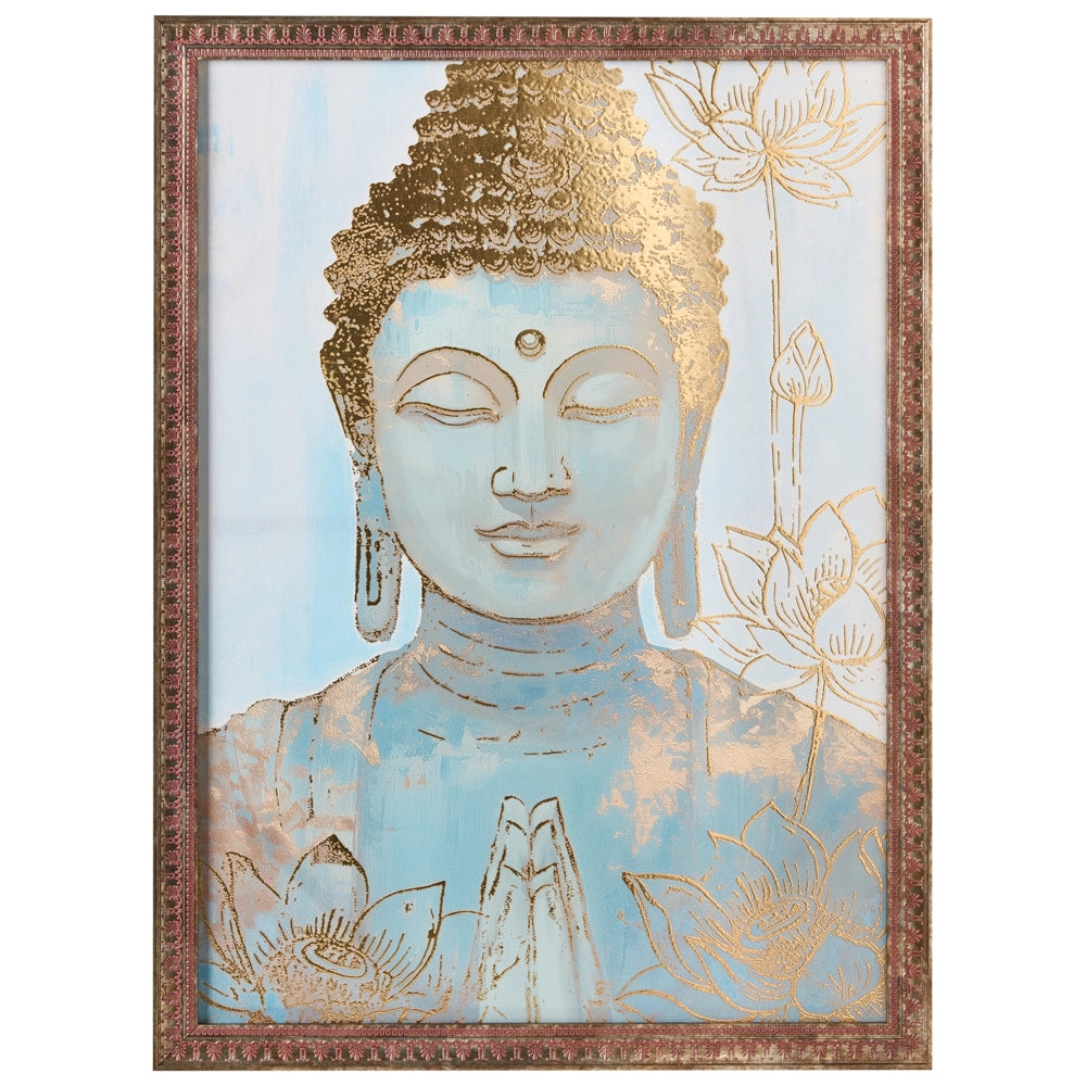 Decorazione da parete stampa su tela dorata, Buddha realizzato a mano, materiali sintetici, cornice in legno di pino, soggiorno