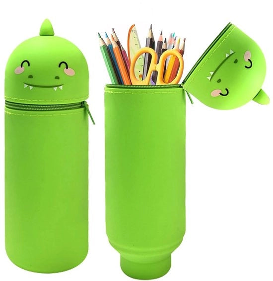 Etui in Silicone per Dinosauri, 18 Opzioni disponibili, Borsa 2 in 1 in Silicone, 18,5 cm di Altezza, Cerniera e Espandibile, Etui per Ragazzi e Ragazze (Verde)