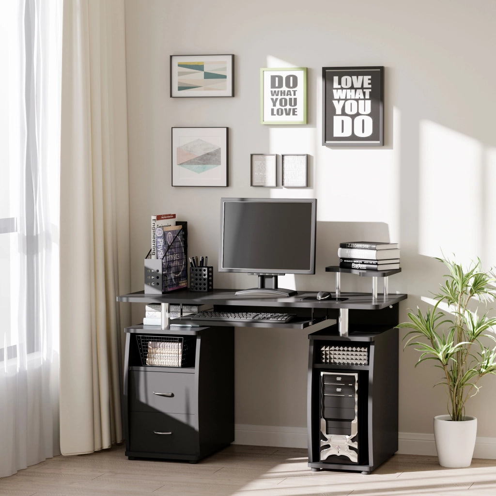 EasyComfort Scrivania per Computer Moderna Porta PC, Scrivania da Ufficio in Legno con Cassetti, Mensola Estraibile e Porta Tastiera, 120x55x85cm, Nero