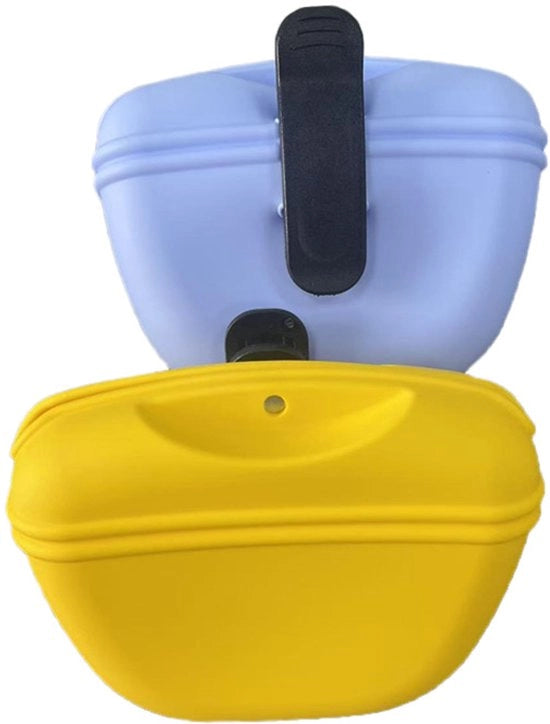Borse per cani (2 pezzi), borse di addestramento per cani, borse terapeutiche in silicone per animali domestici, clip/borse da passeggio per cani (blu e giallo)