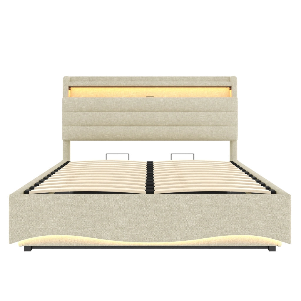 Letto imbottito 140x200 cm con LED e vano contenitore; lino beige (Senza materasso)