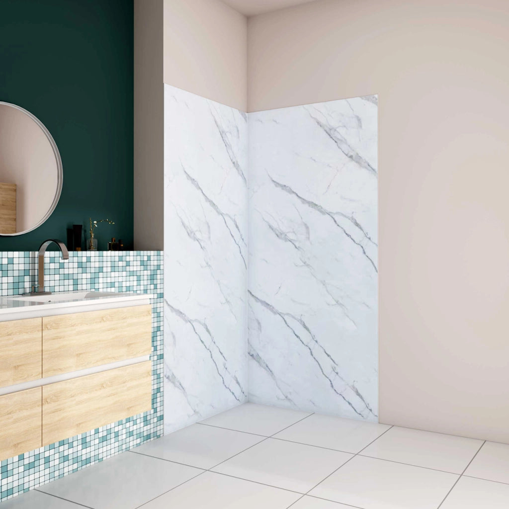 H.210 cm Pannello Doccia ad Angolo 90x90 cm Realizzato in Alluminio da 3 mm con Profili Finitura Bianco Alba per Rivestimento Parete Bagno