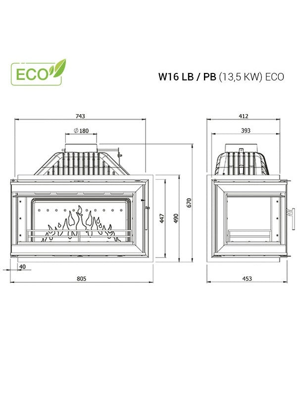Inserto Stufa A Legna Apertura Sinistra -  W16 (13,5 KW) ECO