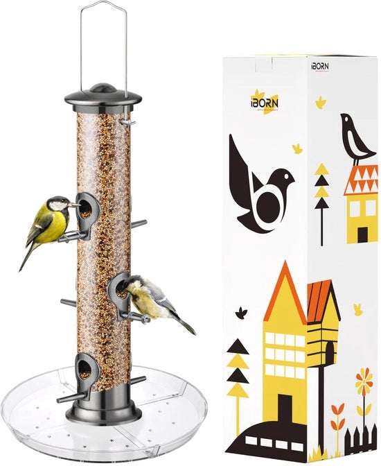 Vogelvoederhuisje per cibo per uccelli con 6 postazioni di atterraggio, piatto cibario di 20 cm, casa per uccelli in alluminio per appendere, stazione di alimentazione per uccelli selvatici, silo per cibo, nero - altezza 38 cm