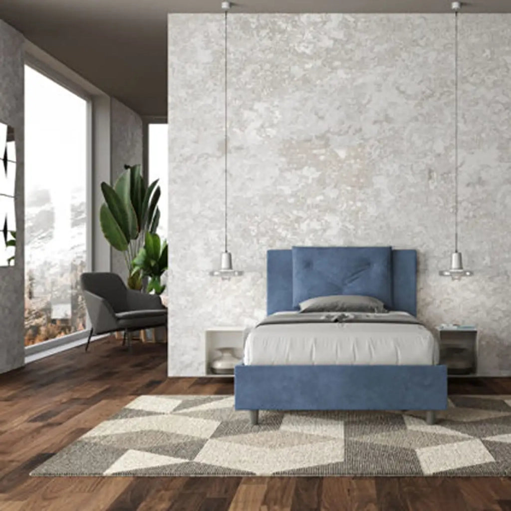Letto una piazza e mezza contenitore imbottito 120x210 microfibra blu Appia
