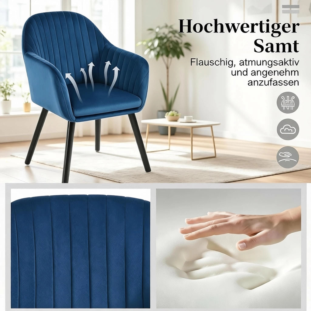 Sedia da pranzo 2 pezzi in velluto con schienale ergonomico e gambe in metallo e legno massiccio nero e blu