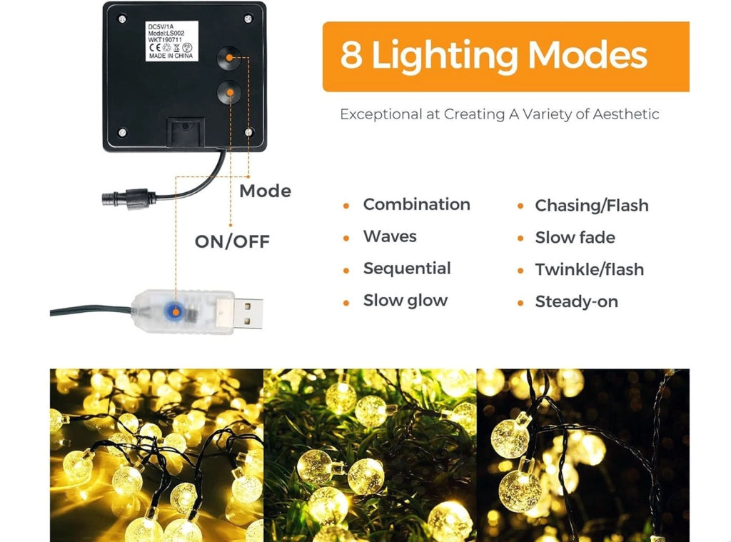 Strip LED Luci Solari e USB da Giardino 8 m 50 LED Impermeabili 8 modalità per Feste Natale Compleanni Luce Bianco Caldo