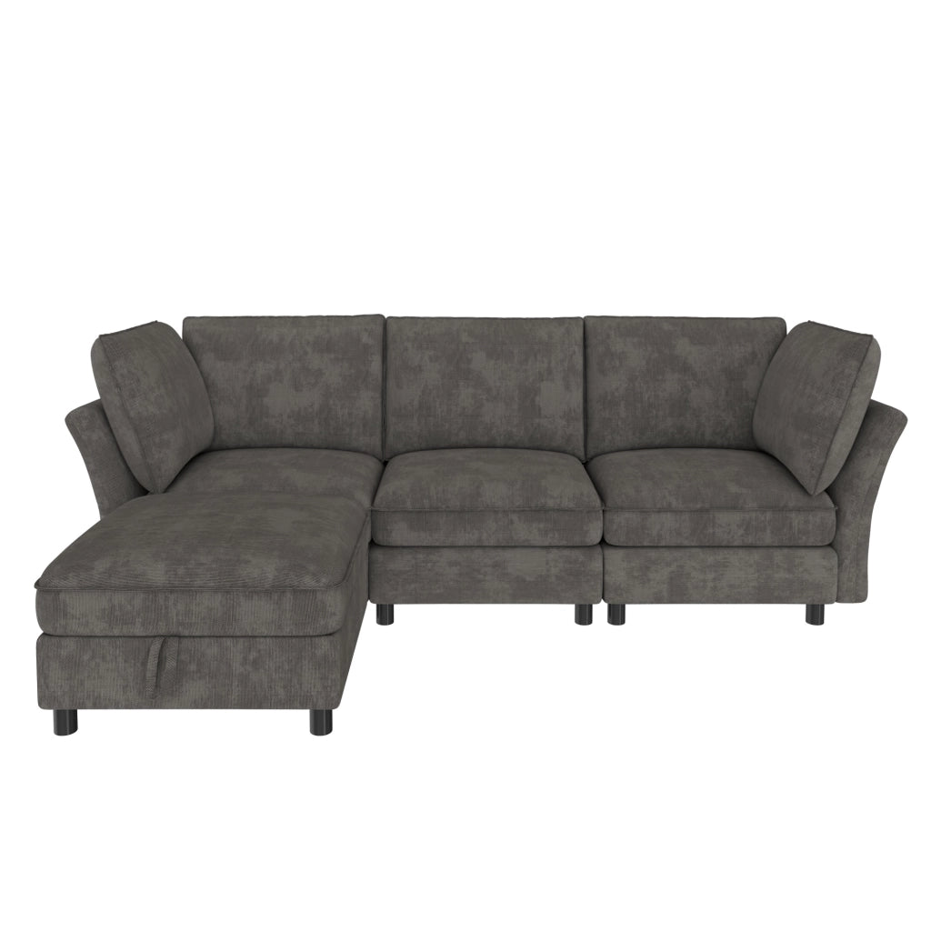 Divano modulare angolare 4 posti - con pouf contenitore e cuscini - in chenille grigio