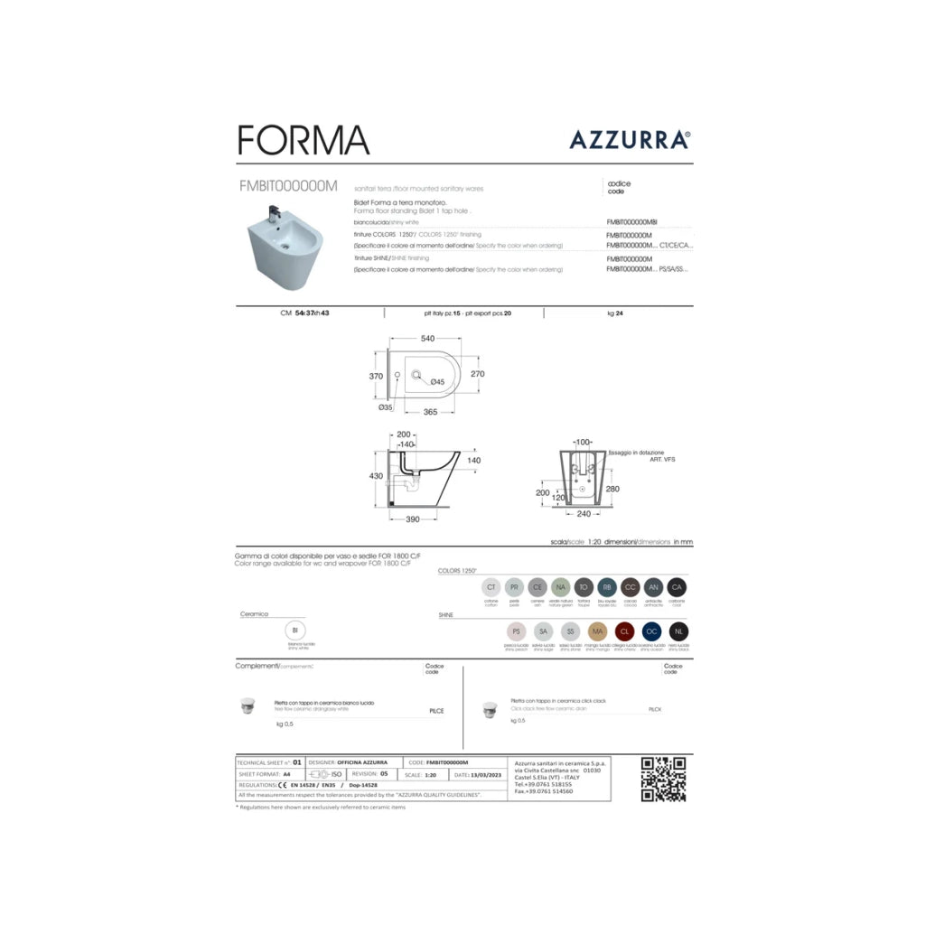 Bidet a Terra Azzurra Ceramica "Forma" Bianco Lucido