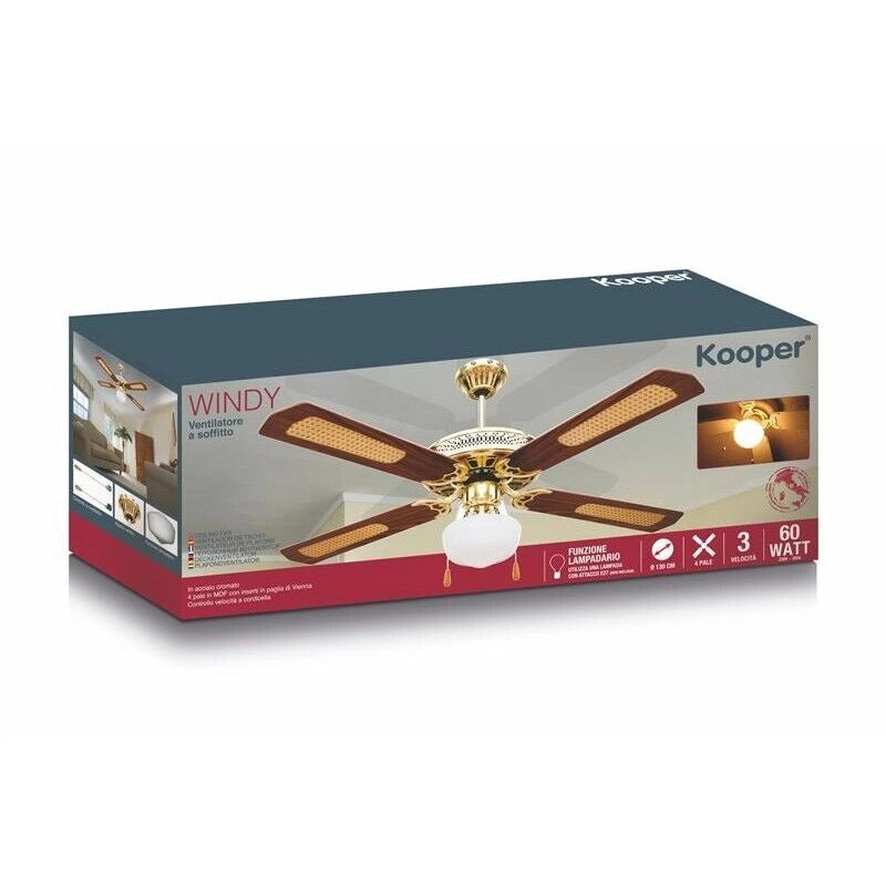 VENTILATORE DA SOFFITTO IN ACCIAIO 4 PALE CON INSERTI IN PAGLIA 130CM
