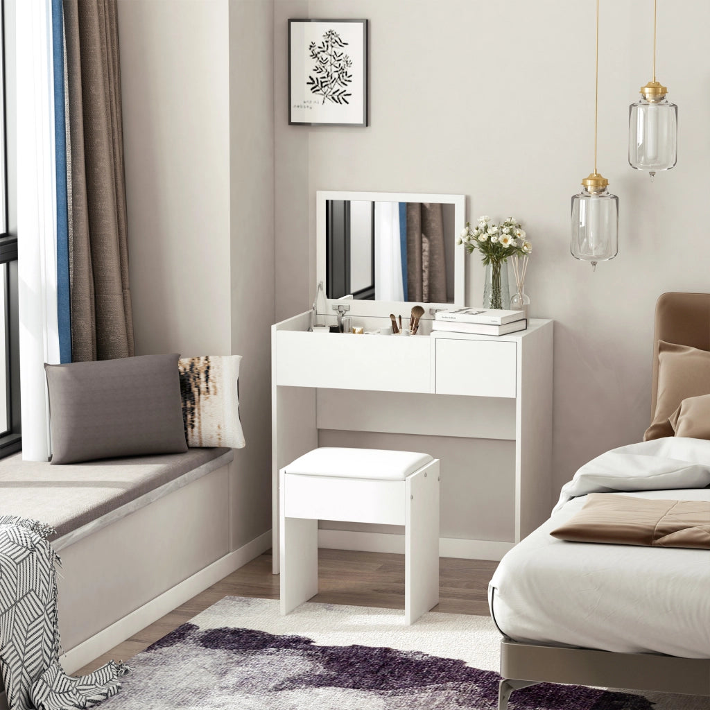 EasyComfort Postazione Trucco con Specchio Richiudibile, Toeletta Trucco Moderno, con Sgabello, Vano Contenitore a 4 Scomparti, MDF Bianco, 80x40x79 cm