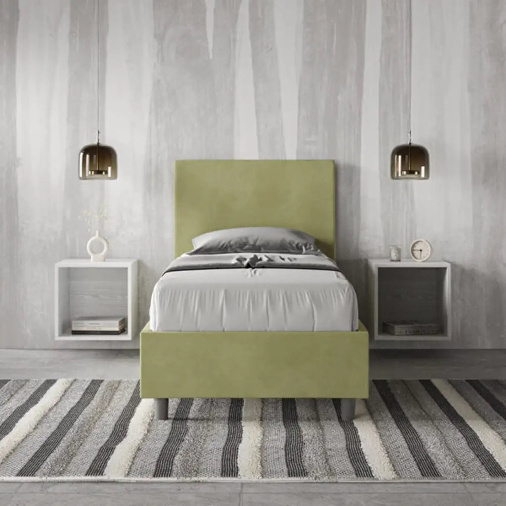Letto singolo contenitore imbottito 80x190 microfibra tè verde Adele