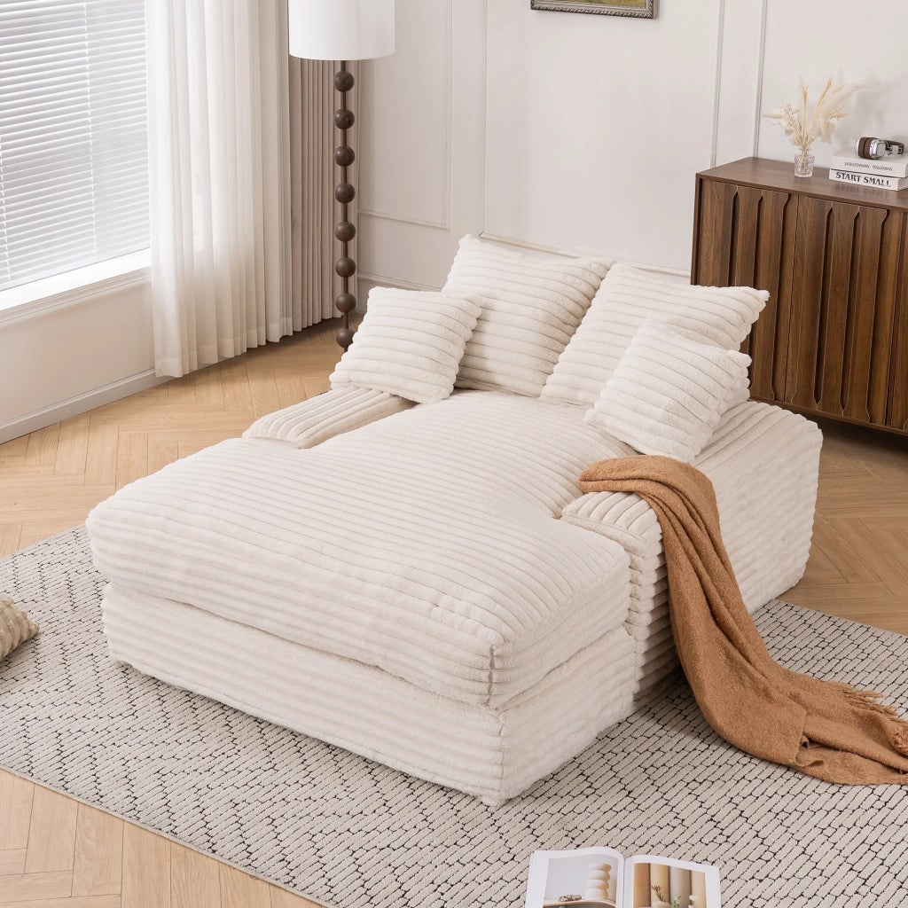 Chaise longue con 4 cuscini sfoderabili; schienale ergonomico e braccioli larghi in velluto a coste beige