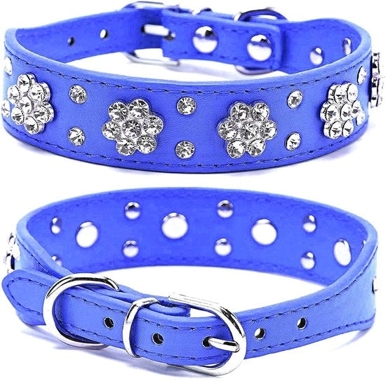 Collare con strass per gatto - Fiori scuri - Cappuccio in pelle PU - Blu scuro - Dimensioni regolabili - Adatto per gatto