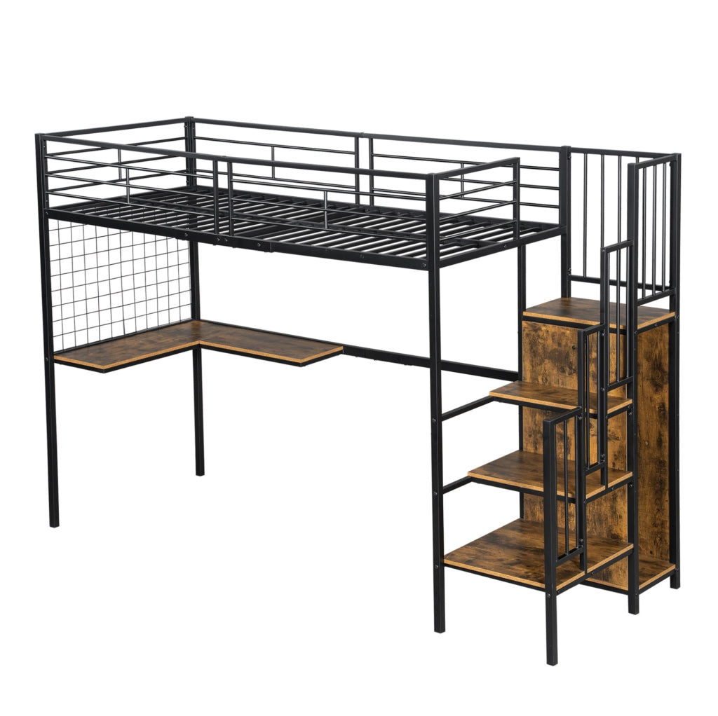 Letto a soppalco 90x200 cm con armadio e scale laterali nero e noce scuro