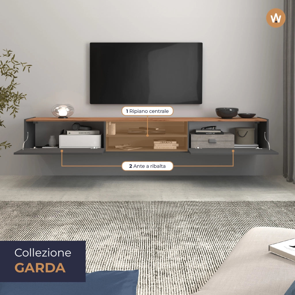 WHOUS Mobile porta tv Garda 2 ante e 1 ripiano centrale antracite opaco e rovere 210x35x30 cm