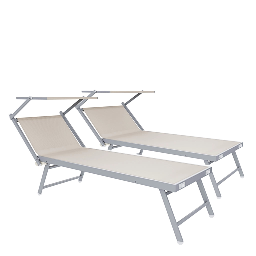 Set 2 Lettini Prendisole Pieghevoli Professionali In Alluminio Leggero Con Tettuccio Parasole Regolabile Sdraio Relax Mare Spiaggia Piscina Giardino Terrazza 182 x 60 x 38 Cm Beige