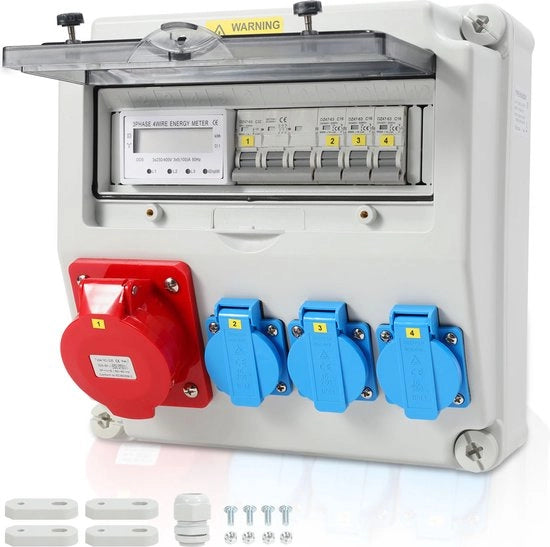 Distributore di Corrente Distributore di Corrente - Distributore di Corrente per Edificio Interruttore - Distribuzione di Corrente all'Esterno - Con Contametro di Corrente - 3x 16A 1x 32A - Grigio