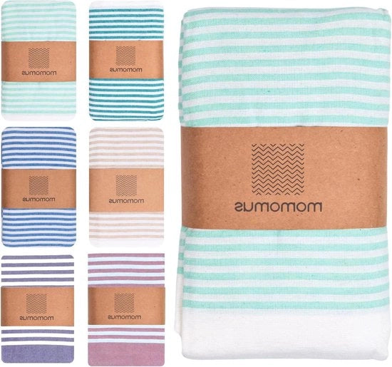 Asciugamano Fouta XXL decorato a strisce turquesa con frange - 210 x 240 cm