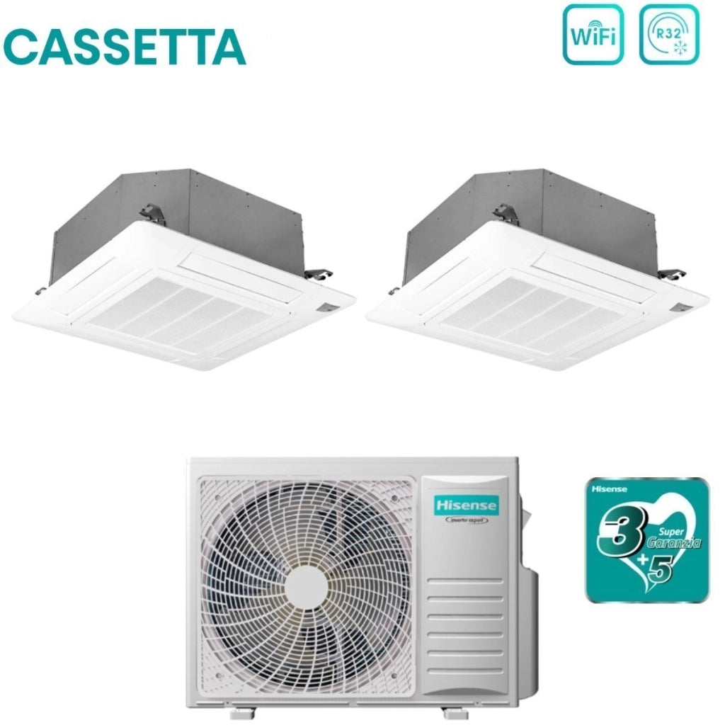 Climatizzatore Condizionatore Hisense Dual Split Inverter a Cassetta 12+12 con 2AMW52U4RXC R-32 Wi-Fi Optional 12000+12000 con Telecomando e Pannello Incluso
