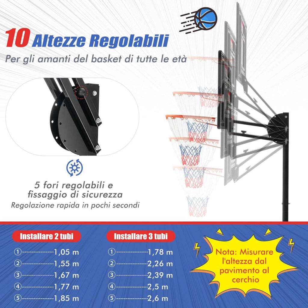 Canestro da Basket da Esterno ed Interno, Canestro da Basket Regolabile a 10 Livelli e Portatile, con Tabellone da 82cm, 2 Ruote e Borsa, per Tutte le Condizioni Atmosferiche