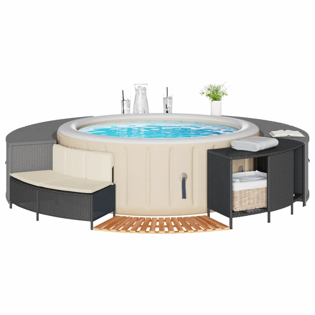 Bordo per Spa Nero in Polyrattan e Legno Massello di Acacia 365612
