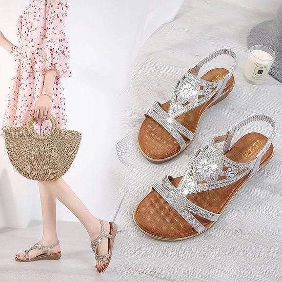 Sandali estivi per donna - estate - aperto - T-Bar - disegno fiorale - scarpe piatte - adatto a giacche estive - rosa