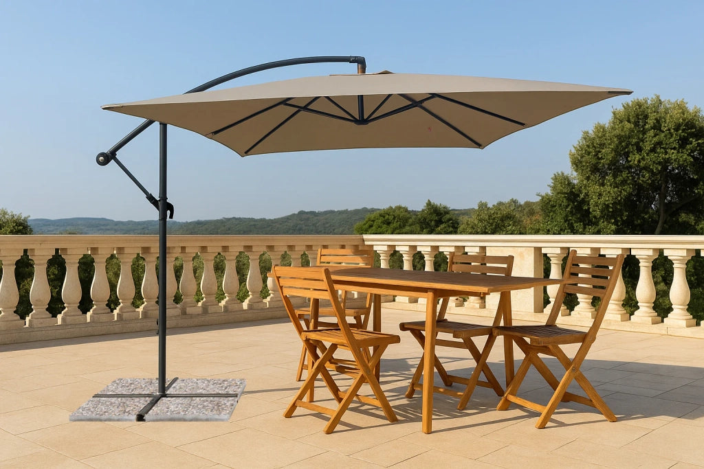 Ombrellone rettangolare da giardino Sora, decentrato (300x200 cm), acciaio e poliestere, palo diam. 48 mm, apertura antivento con manovella, base a croce, colore talpa