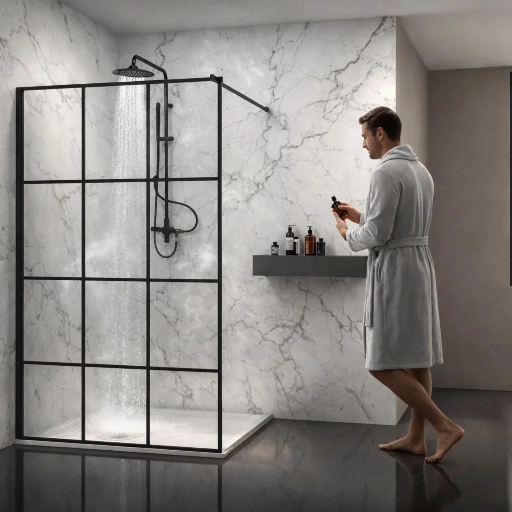 Parete doccia walk-in in cristallo temprato con profilo nero cristallo 8 mm *** misure 157-159xh200 cm, confezione 1
