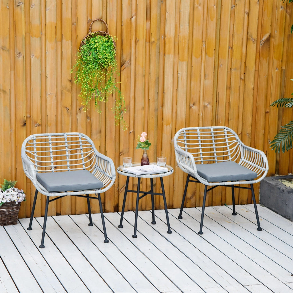 EasyComfort Set Mobili da Giardino in Rattan PE con 2 Sedie e Tavolino con Ripiano in Vetro, Grigio