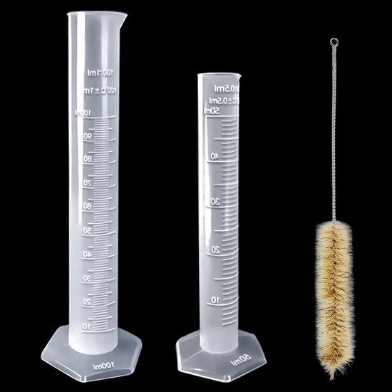Set di misura cilindrico e becher di plastica trasparente - 50 ml e 100 ml - con spazzola per pulizia per DIY e laboratori