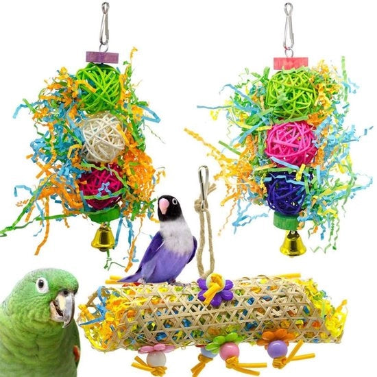 Set di 3 pezzi per uccelli - Ideale per piccoli/medi uccelli - Giocattoli per uccelli - Disegno colorato - Set di 3 pezzi - Vogelspeelgoed