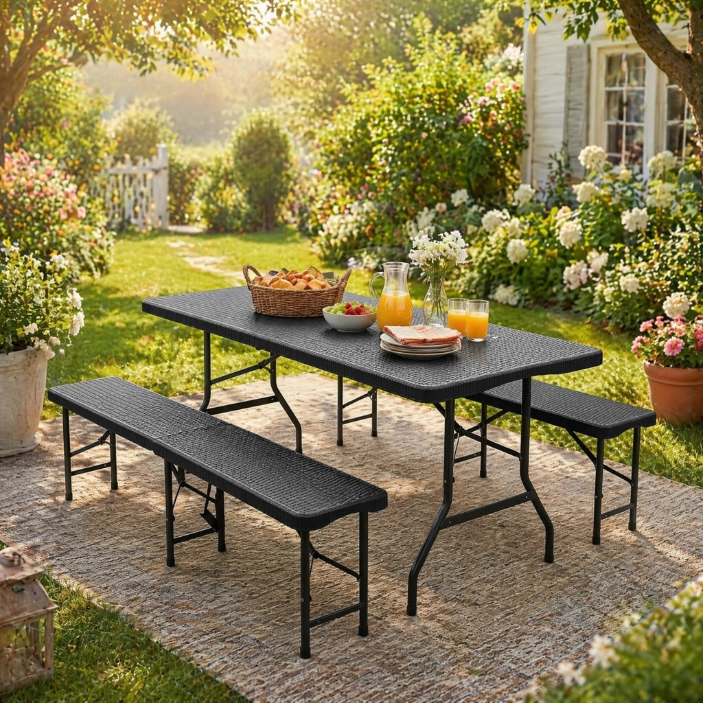 Set tavolo da picnic pieghevole 6 ft con 2 panche; nero