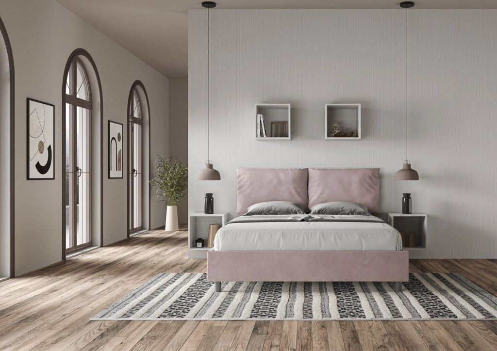 BS COM Letto matrimoniale con rete imbottito 160x200 microfibra glicine