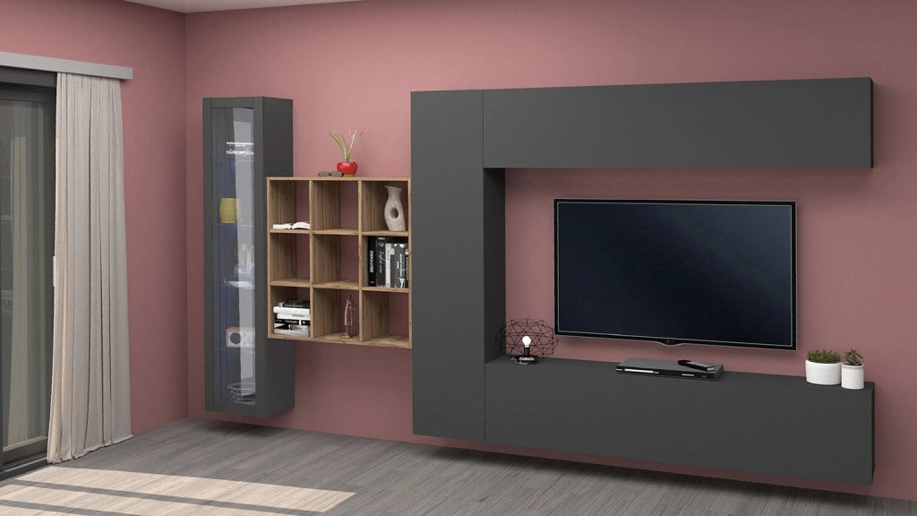 Parete Attrezzata Soggiorno 350x30x180 cm Maruska n°23 Grigio Antracite Opaco/Rovere Wotan