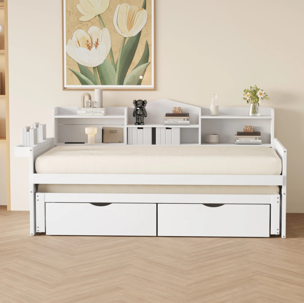 Letto singolo 90x200 cm estraibile con 2 cassetti e USB bianco