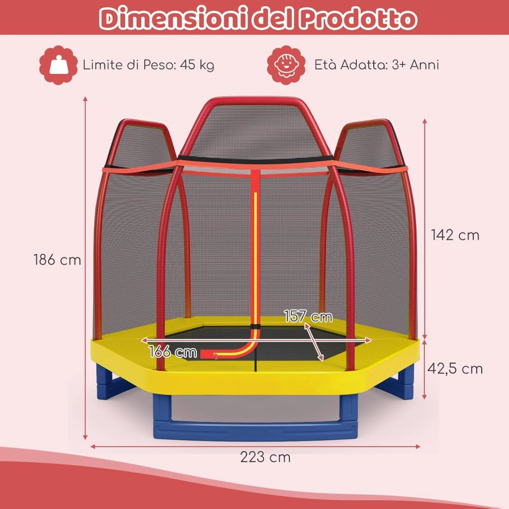 Trampolino Elastico per Bambini 223 cm, Tappeto Elastico per Bambini da Esterno ed Interno con Rete e Cuscinetto a Molle, Portata150 kg, Adatto ai Bambini 3+ Anni