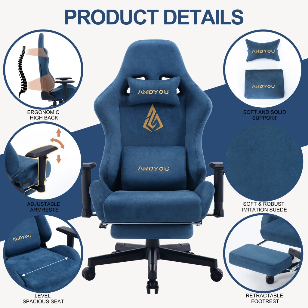 Sedia da Gaming con Poggiapiedi, Regolabile e Girevole ¨C Minimal ¨C Blu
