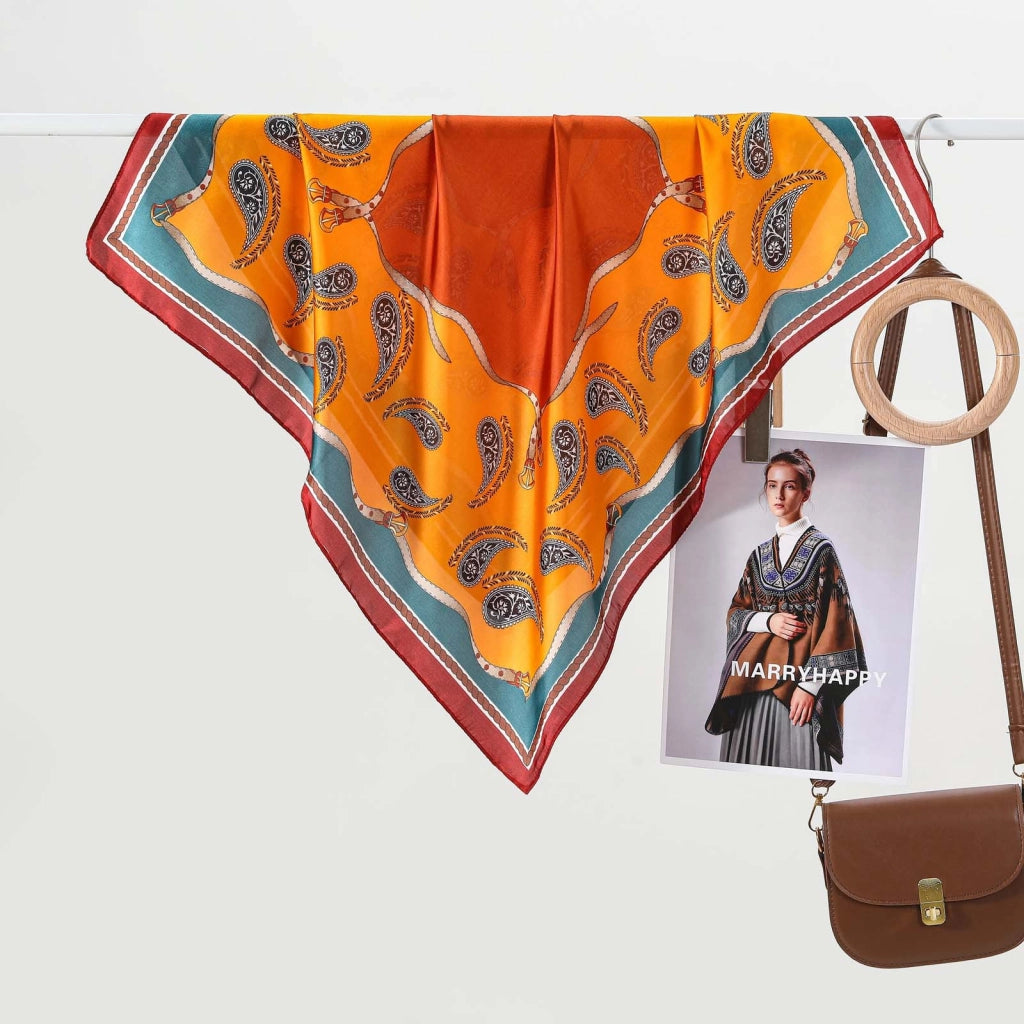 Cintura da donna vintage in pelle con stampa di anacardi, piccola sciarpa di seta