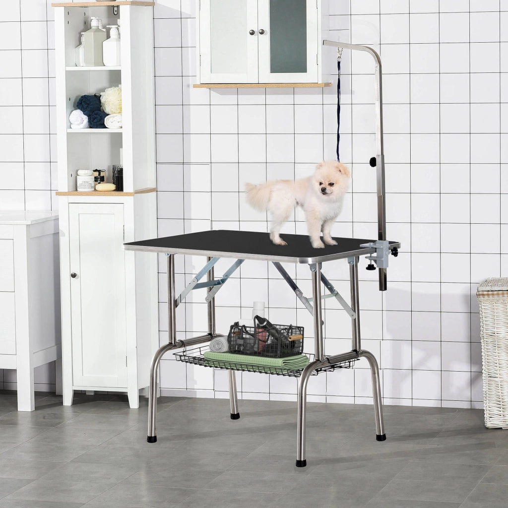 Tavolo per tosatura, tavolo per tosatrici, tavolo pieghevole, regolabile in altezza, in acciaio inox, nero, per la cura e la toelettatura dei cani.