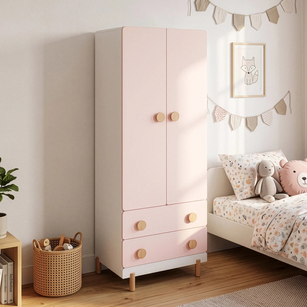 Armadio per Cameretta Vaarentaa a 2 Ante con 2 Cassetti 156x60x41 cm - Bianco/Rosa [en.casa]