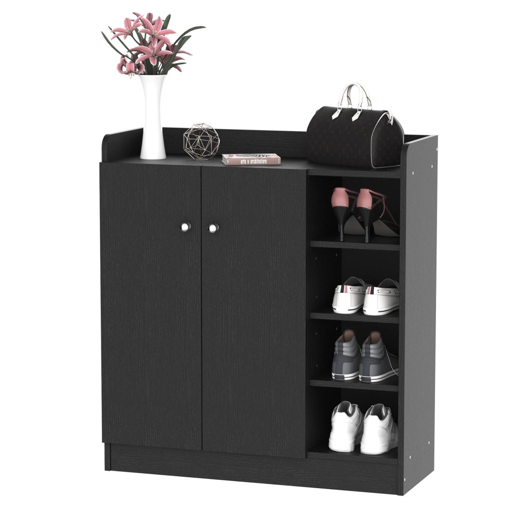 EasyComfort Scarpiera Ingresso con 4 Ripiani Aperti, Scarpiera Armadio Multiuso con Armadietto a 2 Ante e Ripiani Regolabili, Porta Scarpe Salvaspazio per 12 Paia, 83x30x90 cm, Nero