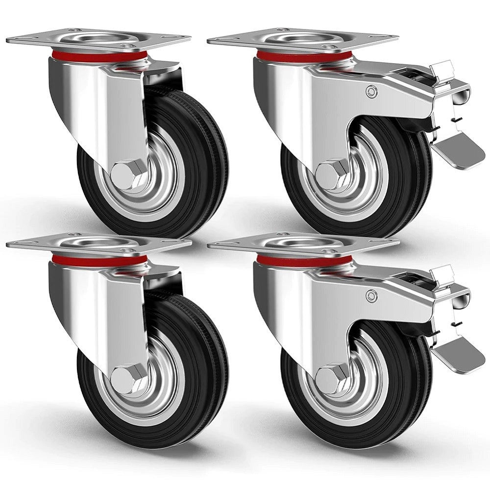 Trade Shop - Set 4 Ruote Piroettanti Per Carichi Pesanti Girevole 360° Con Freno 80x63x H90mm -
