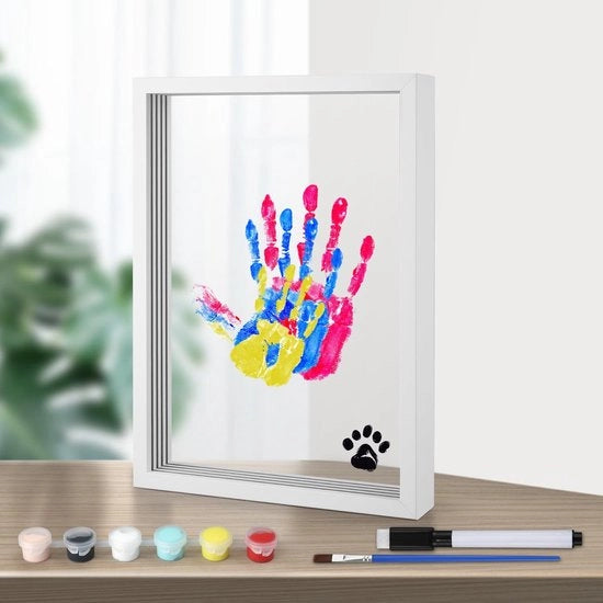 Kit per impronta manuale della famiglia - Fotolijst in legno - Acrylverf trasparente - Adatto per bambini - Regalo per genitori - Nascita - Kit DIY per fotolijst